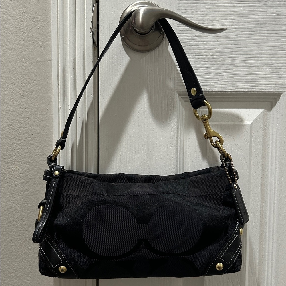 Coach Black Signature Small Shoulder Bag with Gold Hardware